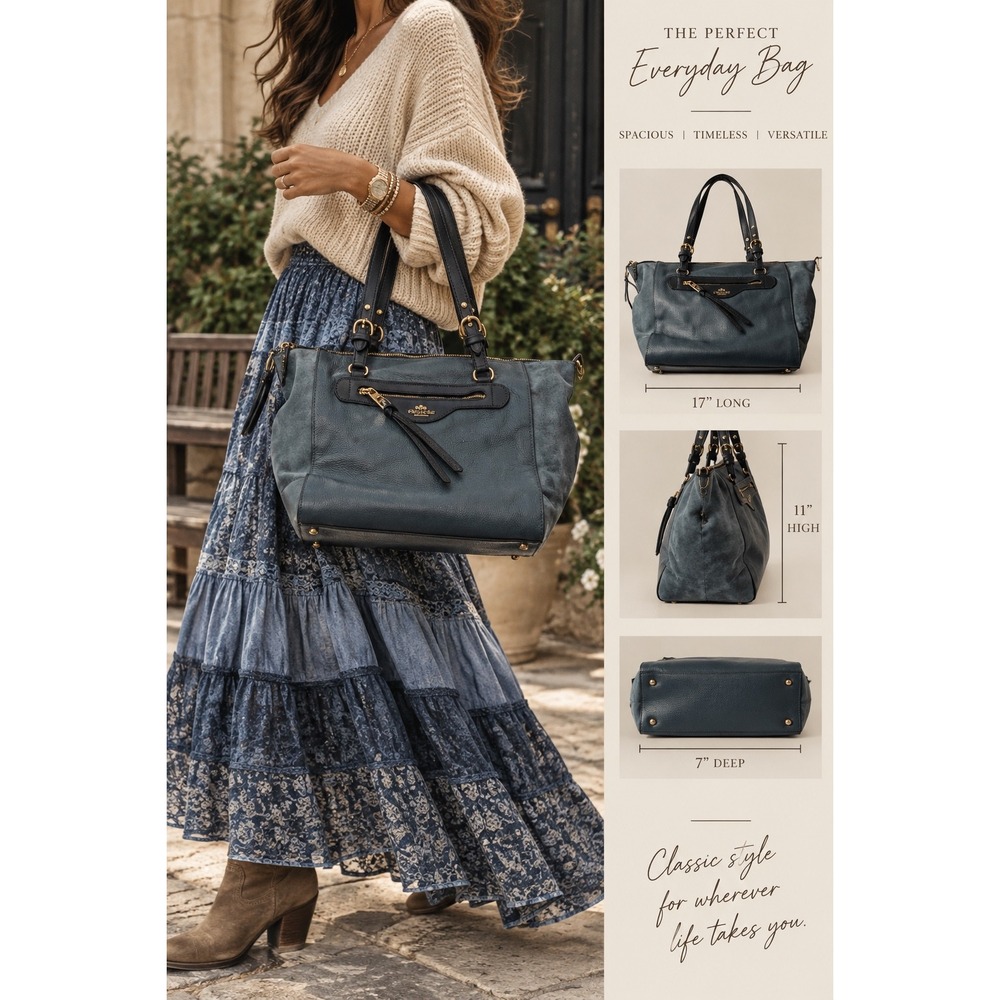 Coach Kleo Carryall Bag Teal and Navy Blue Pebbled Leather Suede Handbag